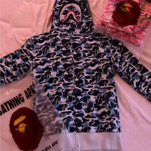 A Bathing Ape Shark Graphic Full Zip Camo Hoodie Blue Size M